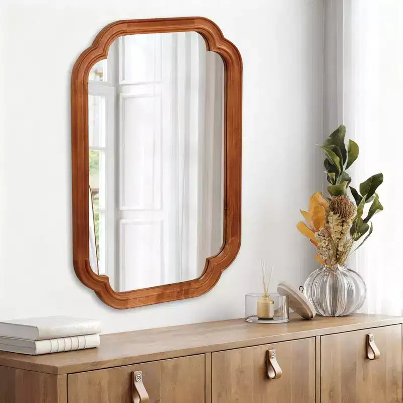 Miroir Décoratif Mural PexFix 24 x 36 à Coins Arrondis avec Cadre en Bois Massif, Style Ferme Moderne, Pour Chambre, Salle de Bain, Salon, Entrée, Marron