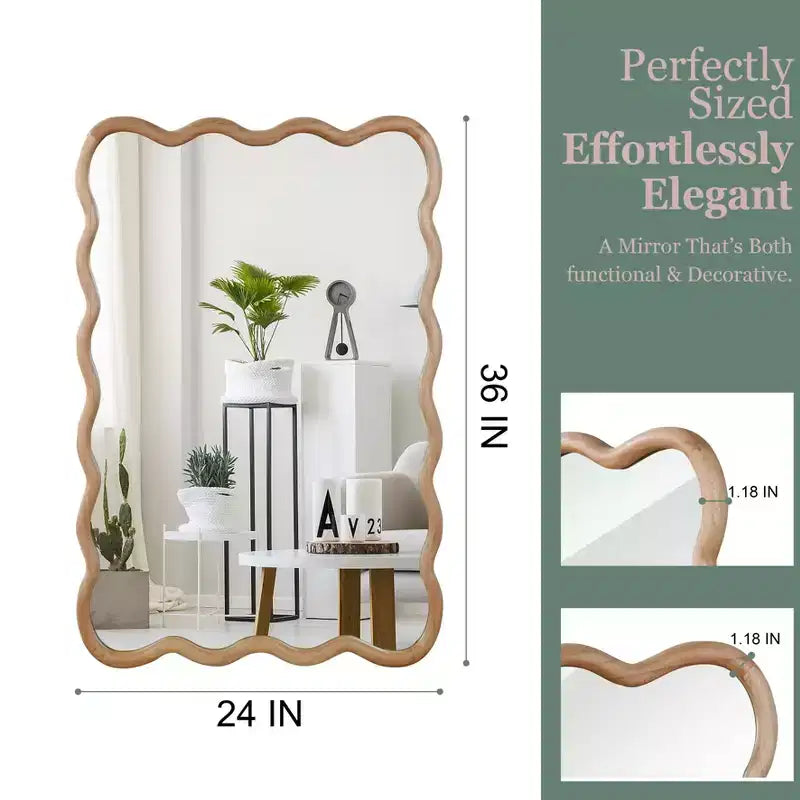 PexFix Miroir décoratif mural rectangulaire ondulé 24 x 36 avec cadre en bois massif style ferme moderne pour chambre, salle de bain, salon, entrée, bois naturel