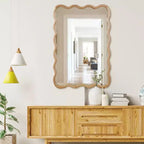 PexFix Miroir décoratif mural rectangulaire ondulé 24 x 36 avec cadre en bois massif style ferme moderne pour chambre, salle de bain, salon, entrée, bois naturel