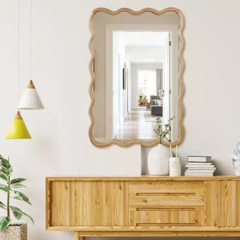 PexFix Miroir décoratif mural rectangulaire ondulé 24 x 36 avec cadre en bois massif style ferme moderne pour chambre, salle de bain, salon, entrée, bois naturel