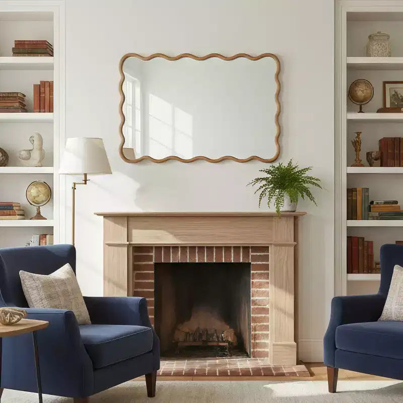 PexFix Miroir décoratif mural rectangulaire ondulé 24 x 36 avec cadre en bois massif style ferme moderne pour chambre, salle de bain, salon, entrée, bois naturel