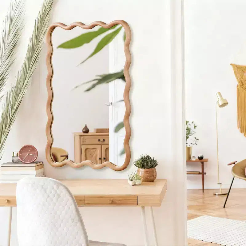 PexFix Miroir décoratif mural rectangulaire ondulé 24 x 36 avec cadre en bois massif style ferme moderne pour chambre, salle de bain, salon, entrée, bois naturel