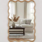 PexFix Miroir décoratif mural rectangulaire ondulé 24 x 36 avec cadre en bois massif style ferme moderne pour chambre, salle de bain, salon, entrée, bois naturel