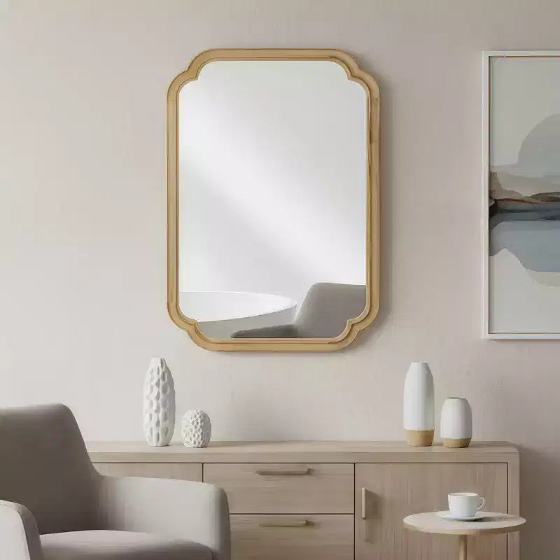 PexFix 20 x 30 Rounded Corner Solid Wood Frame Decorative Mirror Modern Farmhouse Wall Mirror For Bedroom Bathroom Living Room Entryway Natural