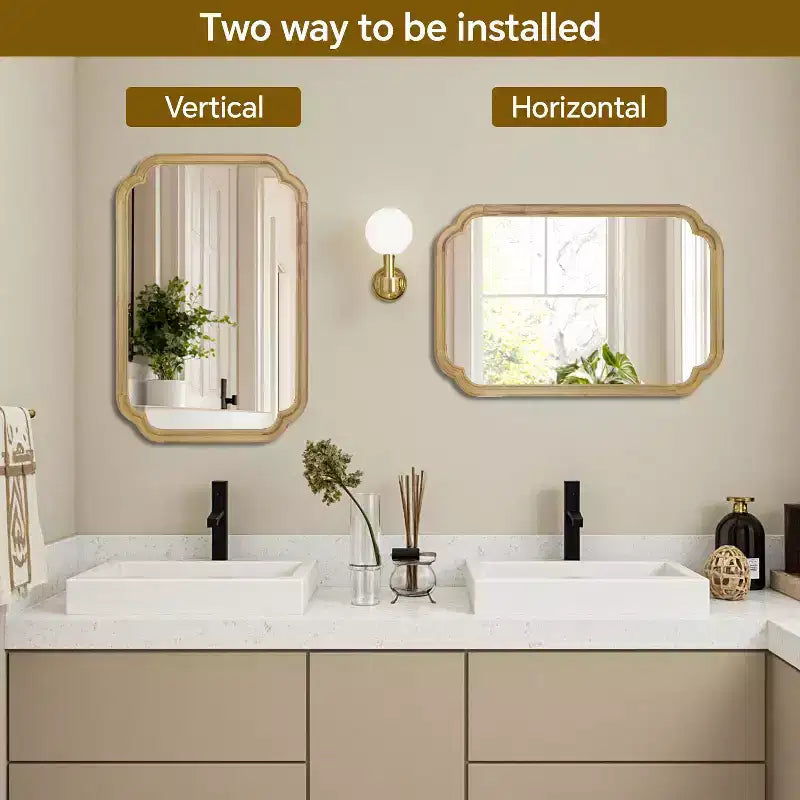PexFix 20 x 30 Miroir décoratif à cadre en bois massif à coins arrondis Miroir mural de style ferme moderne pour chambre, salle de bain, salon, entrée, naturel