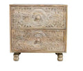 HomeRoots 24 Natural Two Drawer Distressed Carved Floral Solid Wood Nightstand