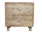 HomeRoots 24 Natural Two Drawer Distressed Carved Floral Solid Wood Nightstand