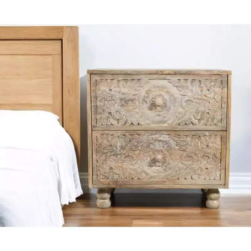 Table de chevet HomeRoots 24 tiroirs en bois massif sculpté floral vieilli