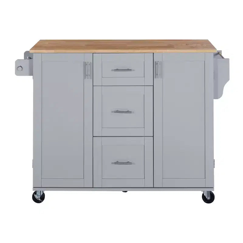 Îlot de cuisine Okak avec plateau en bois d'hévéa, îlot de cuisine roulant avec 2 étagères coulissantes et étagère de rangement interne, chariot de cuisine avec porte-épices