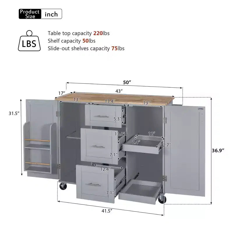 Îlot de cuisine Okak avec plateau en bois d'hévéa, îlot de cuisine roulant avec 2 étagères coulissantes et étagère de rangement interne, chariot de cuisine avec porte-épices