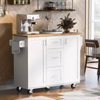 Îlot de cuisine Okak avec plateau en bois d'hévéa, îlot de cuisine roulant avec 2 étagères coulissantes et étagère de rangement interne, chariot de cuisine avec porte-épices