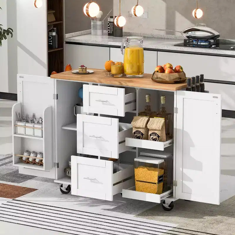 Îlot de cuisine Okak avec plateau en bois d'hévéa, îlot de cuisine roulant avec 2 étagères coulissantes et étagère de rangement interne, chariot de cuisine avec porte-épices