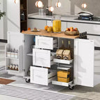 Îlot de cuisine Okak avec plateau en bois d'hévéa, îlot de cuisine roulant avec 2 étagères coulissantes et étagère de rangement interne, chariot de cuisine avec porte-épices