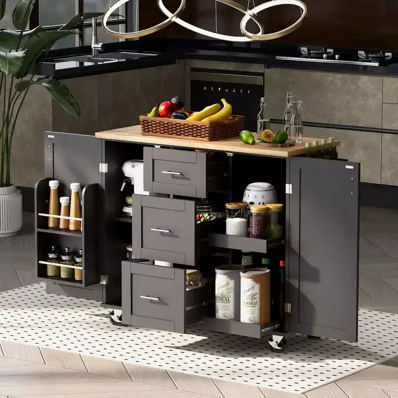 Îlot de cuisine Okak avec plateau en bois d'hévéa, îlot de cuisine roulant avec 2 étagères coulissantes et étagère de rangement interne, chariot de cuisine avec porte-épices