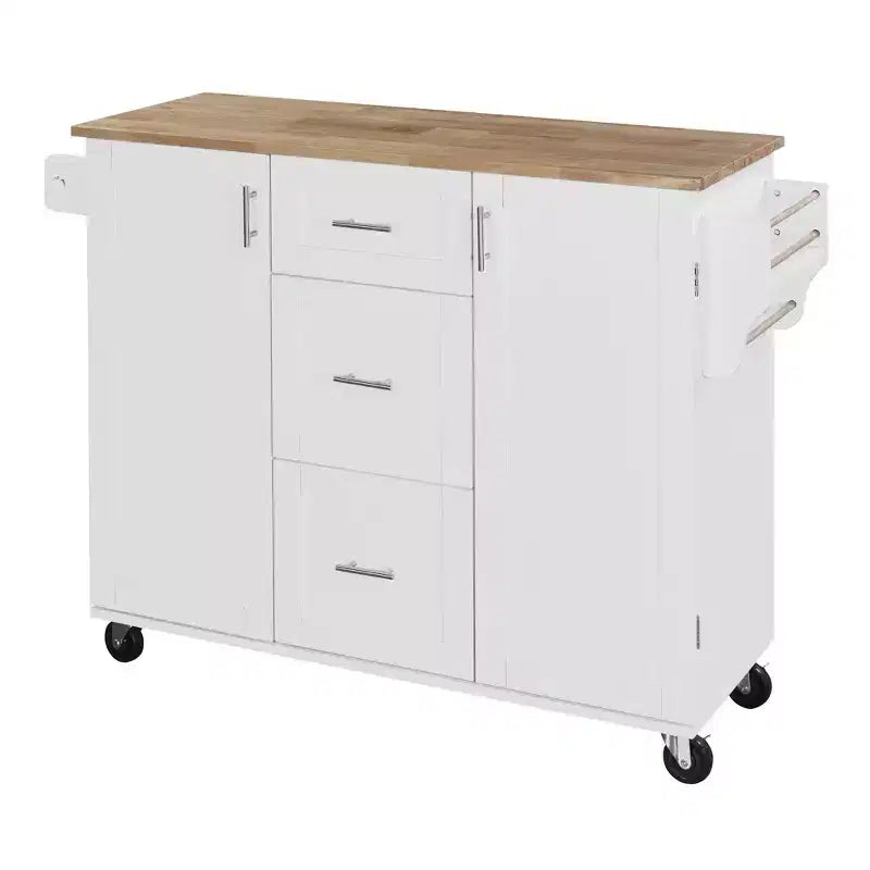 Îlot de cuisine Okak avec plateau en bois d'hévéa, îlot de cuisine roulant avec 2 étagères coulissantes et étagère de rangement interne, chariot de cuisine avec porte-épices