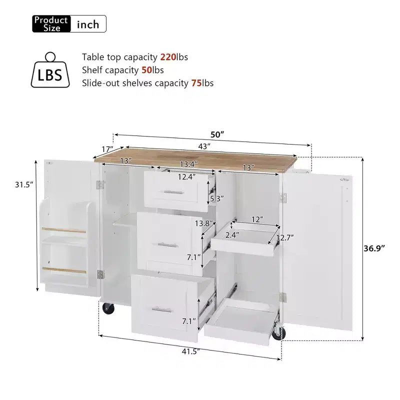Îlot de cuisine Okak avec plateau en bois d'hévéa, îlot de cuisine roulant avec 2 étagères coulissantes et étagère de rangement interne, chariot de cuisine avec porte-épices