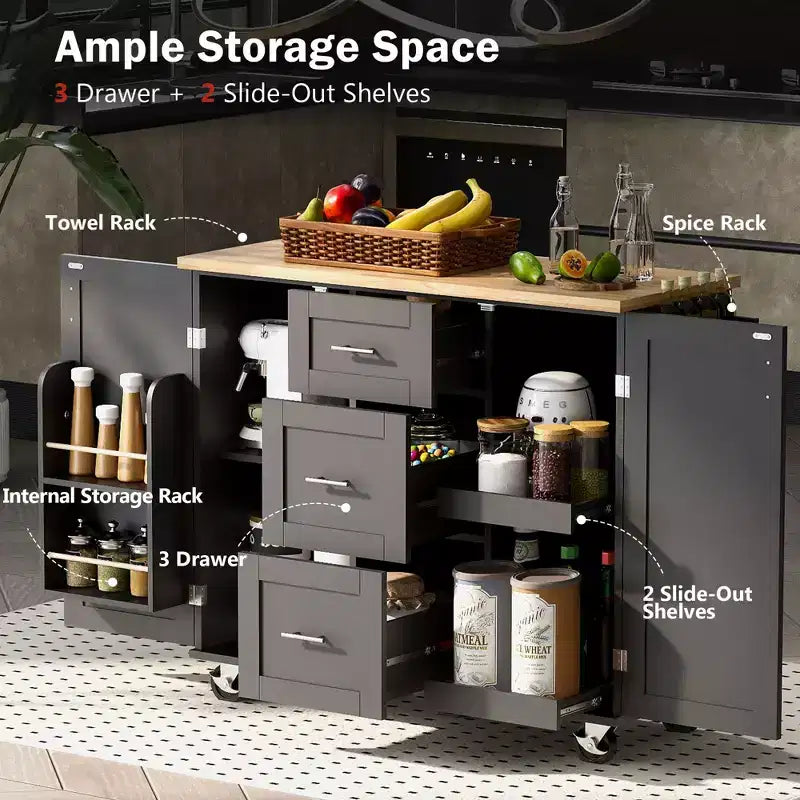 Îlot de cuisine Okak avec plateau en bois d'hévéa, îlot de cuisine roulant avec 2 étagères coulissantes et étagère de rangement interne, chariot de cuisine avec porte-épices