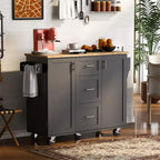 Îlot de cuisine Okak avec plateau en bois d'hévéa, îlot de cuisine roulant avec 2 étagères coulissantes et étagère de rangement interne, chariot de cuisine avec porte-épices