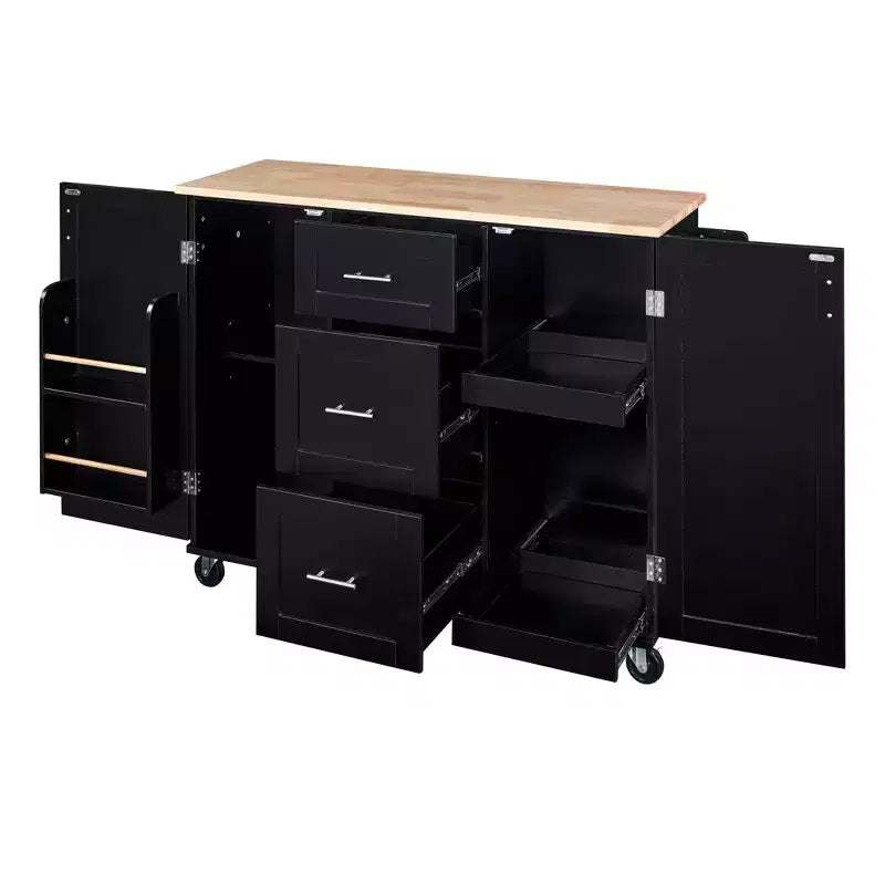Îlot de cuisine Okak avec plateau en bois d'hévéa, îlot de cuisine roulant avec 2 étagères coulissantes et étagère de rangement interne, chariot de cuisine avec porte-épices