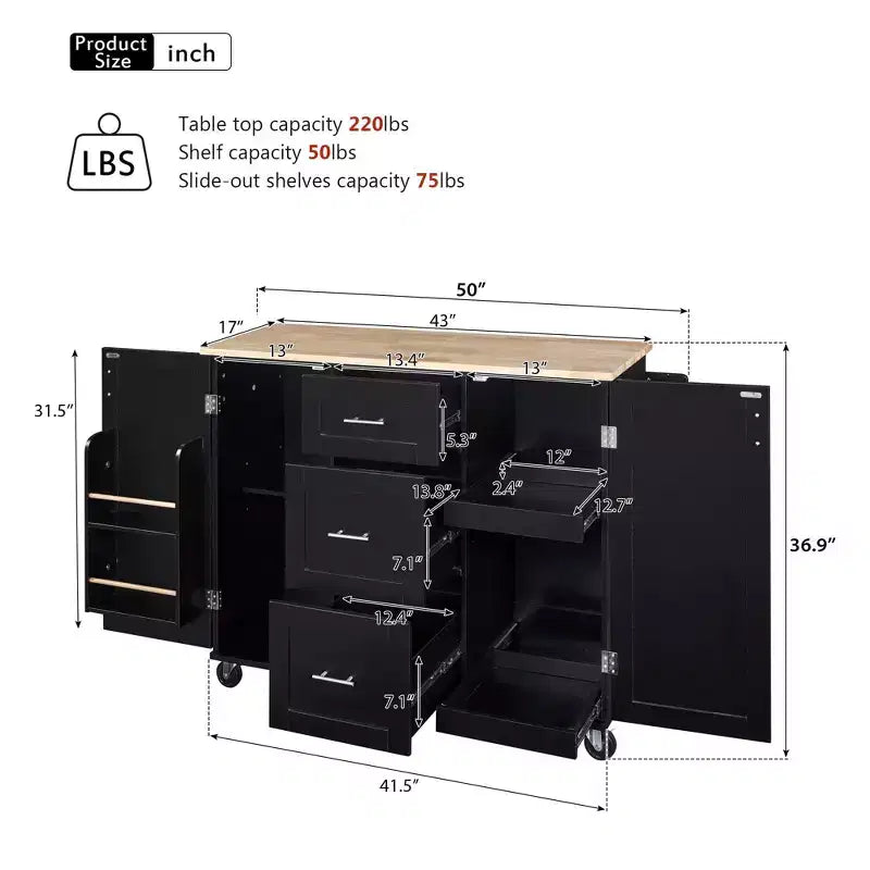 Îlot de cuisine Okak avec plateau en bois d'hévéa, îlot de cuisine roulant avec 2 étagères coulissantes et étagère de rangement interne, chariot de cuisine avec porte-épices