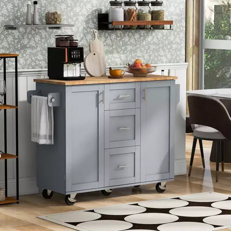 Îlot de cuisine Okak avec plateau en bois d'hévéa, îlot de cuisine roulant avec 2 étagères coulissantes et étagère de rangement interne, chariot de cuisine avec porte-épices