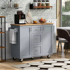 Îlot de cuisine Okak avec plateau en bois d'hévéa, îlot de cuisine roulant avec 2 étagères coulissantes et étagère de rangement interne, chariot de cuisine avec porte-épices