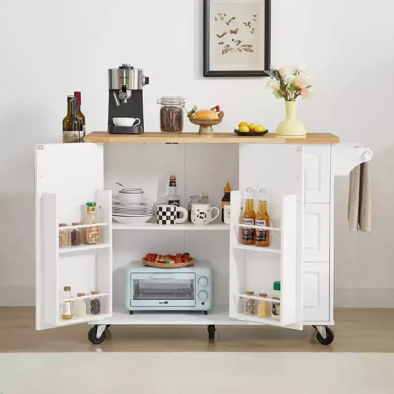 Îlot de cuisine Okak avec table rabattable, chariot de cuisine avec 3 tiroirs et 1 étagère, îlot de cuisine sur roulettes peu encombrant pour salle à manger