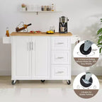 Îlot de cuisine Okak avec table rabattable, chariot de cuisine avec 3 tiroirs et 1 étagère, îlot de cuisine sur roulettes peu encombrant pour salle à manger