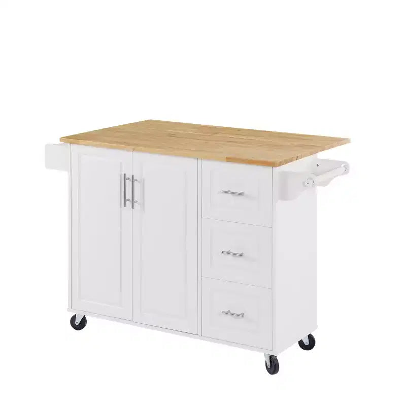 Îlot de cuisine Okak avec table rabattable, chariot de cuisine avec 3 tiroirs et 1 étagère, îlot de cuisine sur roulettes peu encombrant pour salle à manger