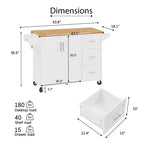 Îlot de cuisine Okak avec table rabattable, chariot de cuisine avec 3 tiroirs et 1 étagère, îlot de cuisine sur roulettes peu encombrant pour salle à manger