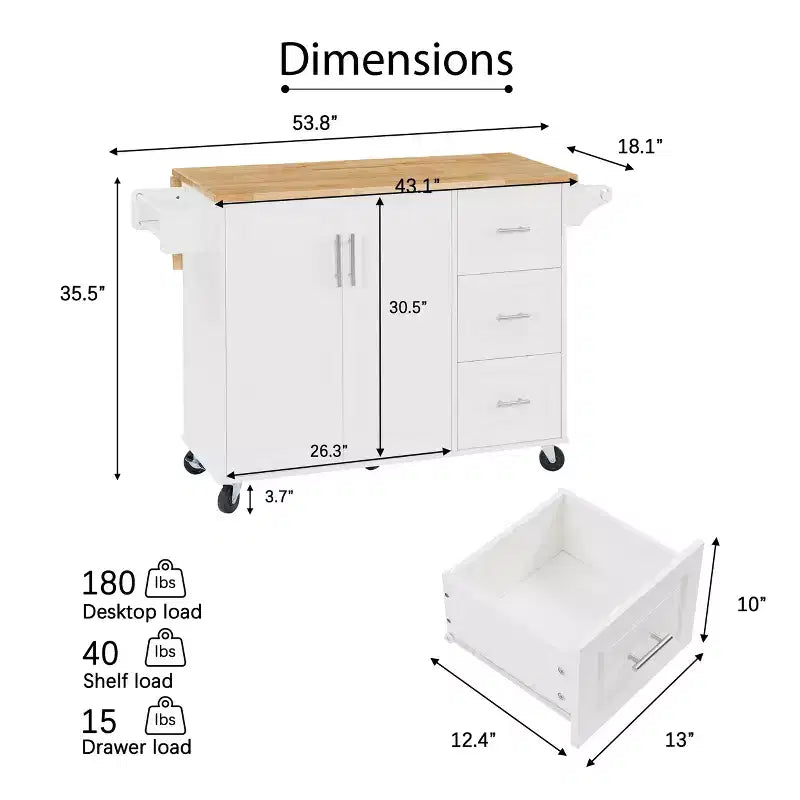Îlot de cuisine Okak avec table rabattable, chariot de cuisine avec 3 tiroirs et 1 étagère, îlot de cuisine sur roulettes peu encombrant pour salle à manger