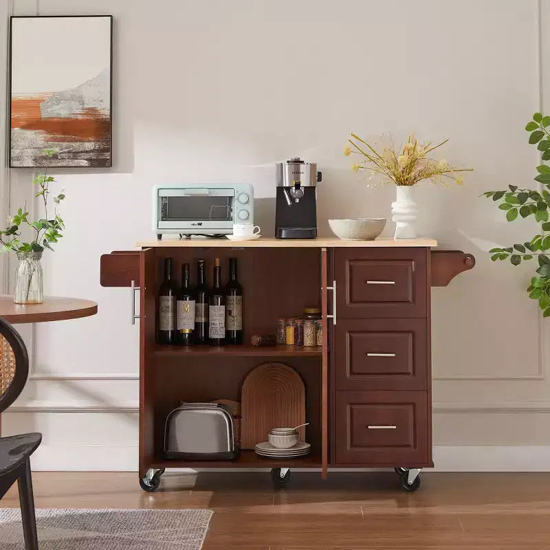 Îlot de cuisine Okak avec table rabattable, chariot de cuisine avec 3 tiroirs et 1 étagère, îlot de cuisine sur roulettes peu encombrant pour salle à manger