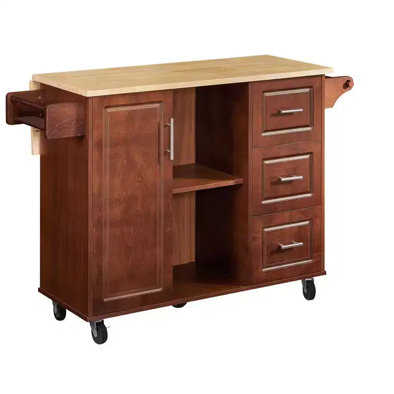 Îlot de cuisine Okak avec table rabattable, chariot de cuisine avec 3 tiroirs et 1 étagère, îlot de cuisine sur roulettes peu encombrant pour salle à manger