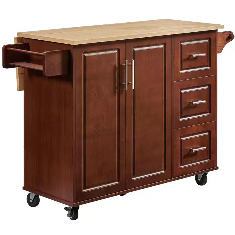 Îlot de cuisine Okak avec table rabattable, chariot de cuisine avec 3 tiroirs et 1 étagère, îlot de cuisine sur roulettes peu encombrant pour salle à manger