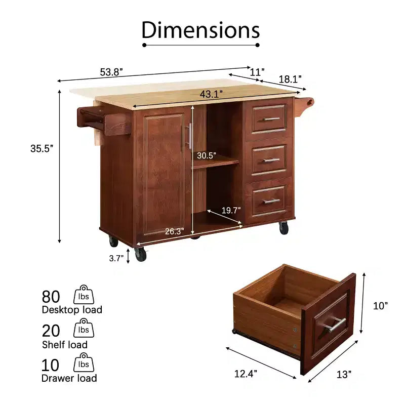 Îlot de cuisine Okak avec table rabattable, chariot de cuisine avec 3 tiroirs et 1 étagère, îlot de cuisine sur roulettes peu encombrant pour salle à manger