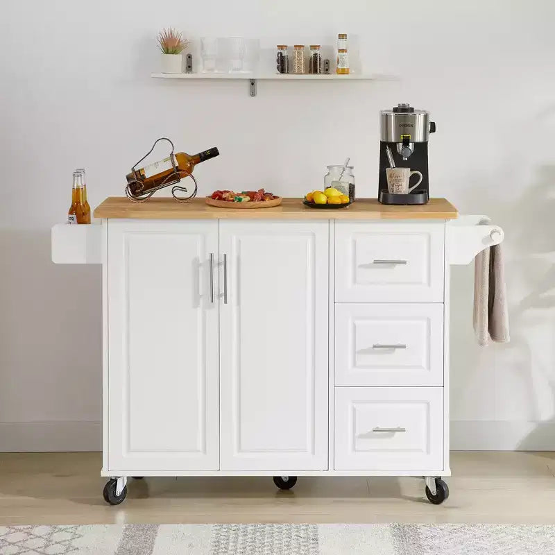 Îlot de cuisine Okak avec table rabattable, chariot de cuisine avec 3 tiroirs et 1 étagère, îlot de cuisine sur roulettes peu encombrant pour salle à manger