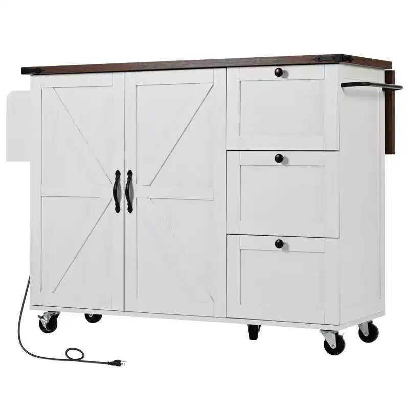 Îlot de cuisine Okak Farmhouse avec prise de courant, îlot de cuisine sur roulettes avec étagère de rangement interne, abattant et étagère à épices pour salle à manger