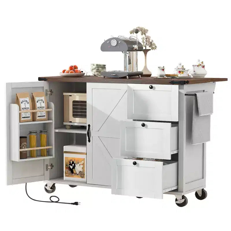 Îlot de cuisine Okak Farmhouse avec prise de courant, îlot de cuisine sur roulettes avec étagère de rangement interne, abattant et étagère à épices pour salle à manger