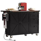 Îlot de cuisine Okak Farmhouse avec prise de courant, îlot de cuisine sur roulettes avec étagère de rangement interne, abattant et étagère à épices pour salle à manger