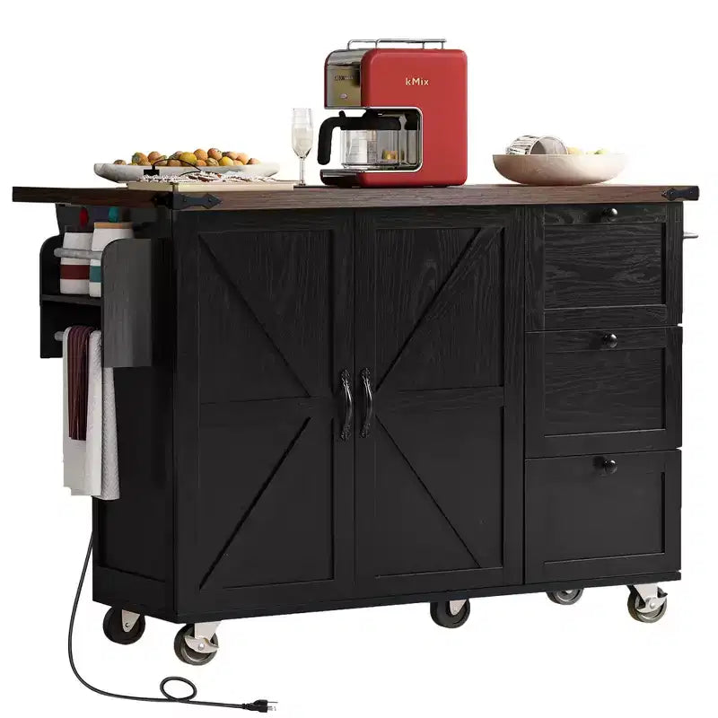 Îlot de cuisine Okak Farmhouse avec prise de courant, îlot de cuisine sur roulettes avec étagère de rangement interne, abattant et étagère à épices pour salle à manger