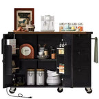 Îlot de cuisine Okak Farmhouse avec prise de courant, îlot de cuisine sur roulettes avec étagère de rangement interne, abattant et étagère à épices pour salle à manger