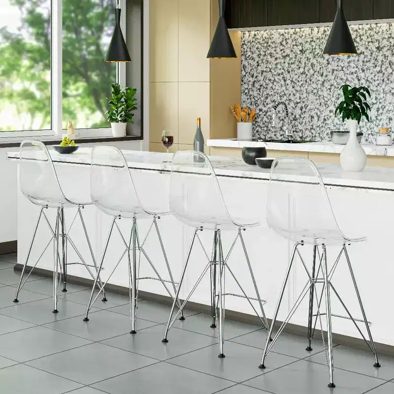 Tabouret de bar moderne Cresco LeisureMod en acrylique, cadre et repose-pieds en acier léger, tabouret de comptoir pour îlot de cuisine, bar ou salle à manger, lot de 2