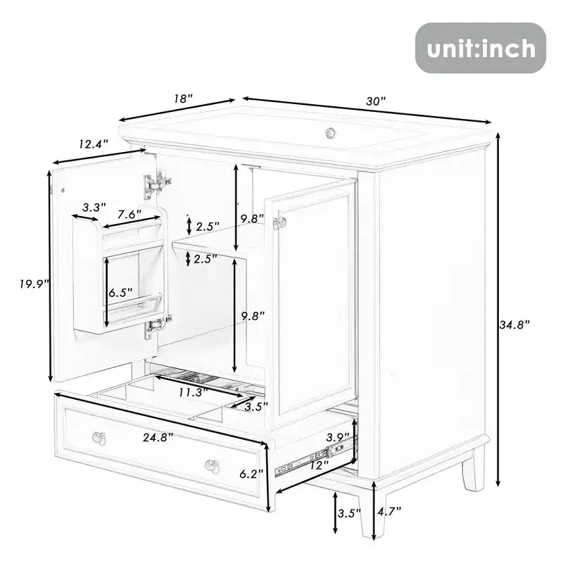 Meuble-lavabo de salle de bain avec évier simple, meuble de rangement de salle de bain moderne autoportant avec 2 portes et 1 tiroir