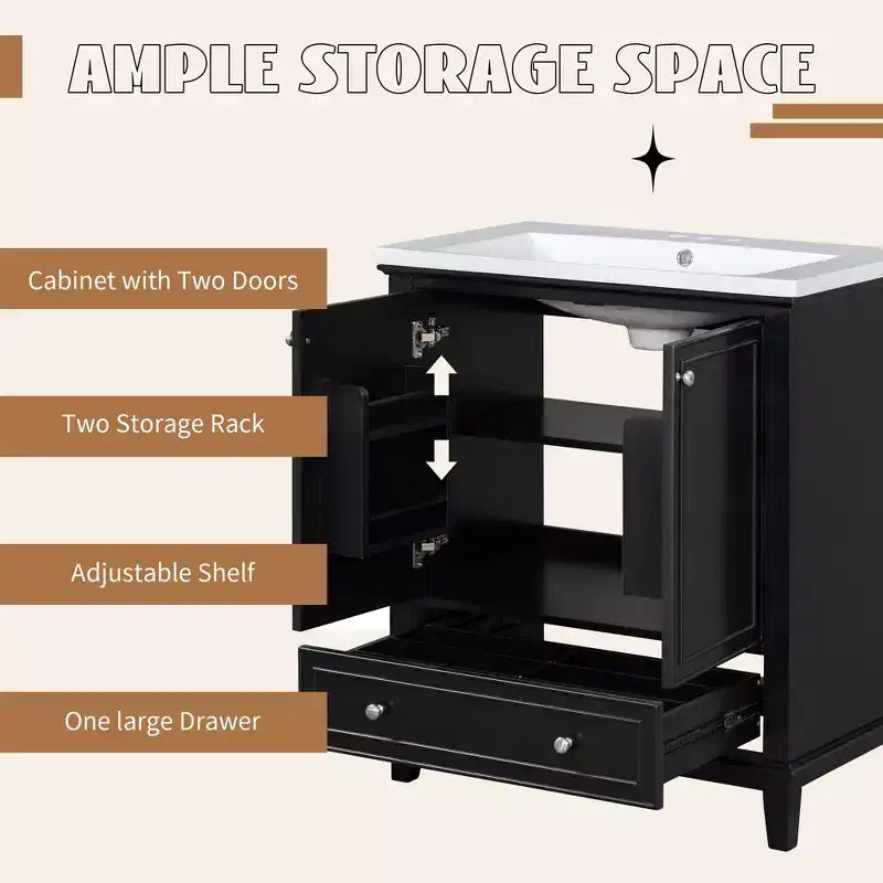 Meuble-lavabo de salle de bain avec évier simple, meuble de rangement de salle de bain moderne autoportant avec 2 portes et 1 tiroir
