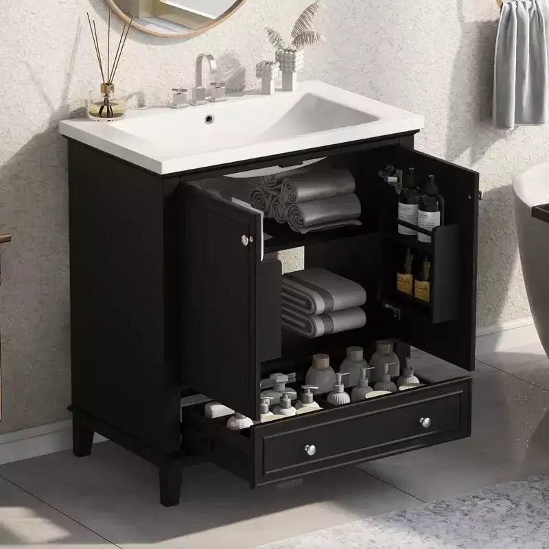 Meuble-lavabo de salle de bain avec évier simple, meuble de rangement de salle de bain moderne autoportant avec 2 portes et 1 tiroir