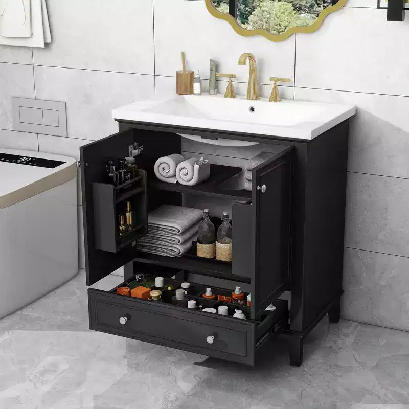 Meuble-lavabo de salle de bain avec évier simple, meuble de rangement de salle de bain moderne autoportant avec 2 portes et 1 tiroir
