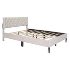 Twin Bed Frame, Upholstered Platform Bed with Button Tufted Headboard, Fabric Bed Frame with Wooden Slats Support, No Box Spring Required, Beige