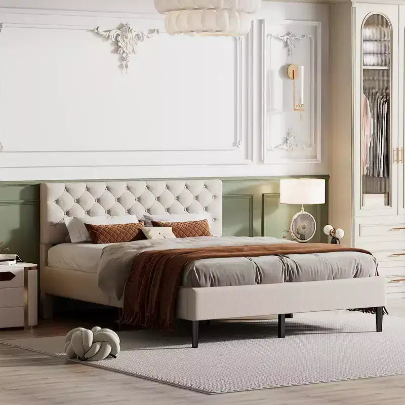 Cadre de lit double, Lit plateforme capitonné avec tête de lit capitonnée, Cadre de lit en tissu avec lattes de bois, Pas besoin de sommier tapissier, Beige