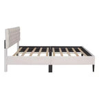Cadre de lit double, Lit plateforme capitonné avec tête de lit capitonnée, Cadre de lit en tissu avec lattes de bois, Pas besoin de sommier tapissier, Beige