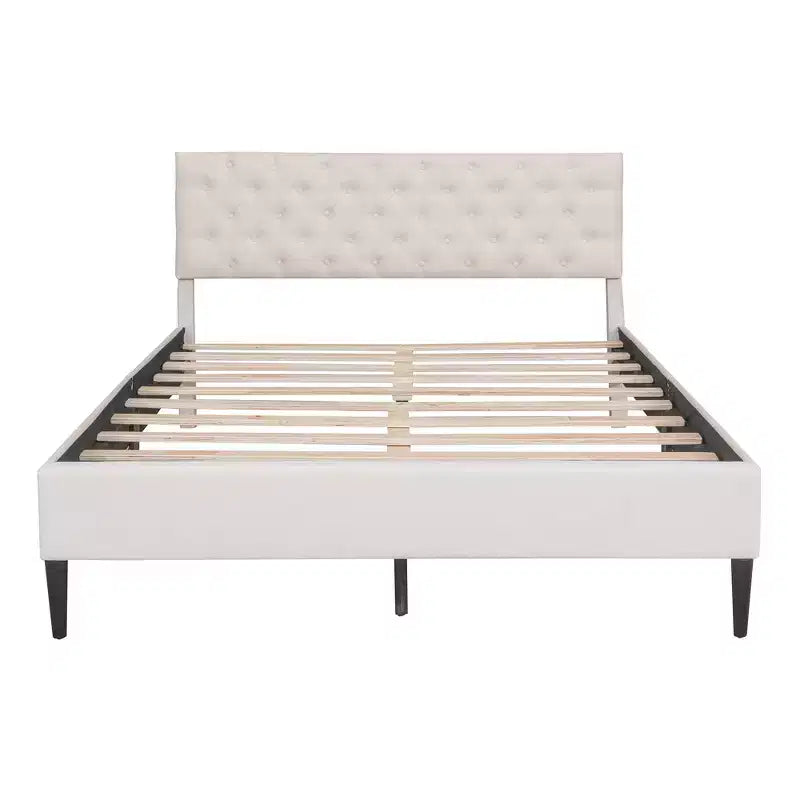Cadre de lit double, Lit plateforme capitonné avec tête de lit capitonnée, Cadre de lit en tissu avec lattes de bois, Pas besoin de sommier tapissier, Beige